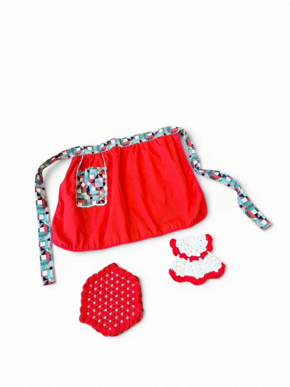 Vintage Patchwork Reversible Multi-Color Retro Apron with Crochet Potholders